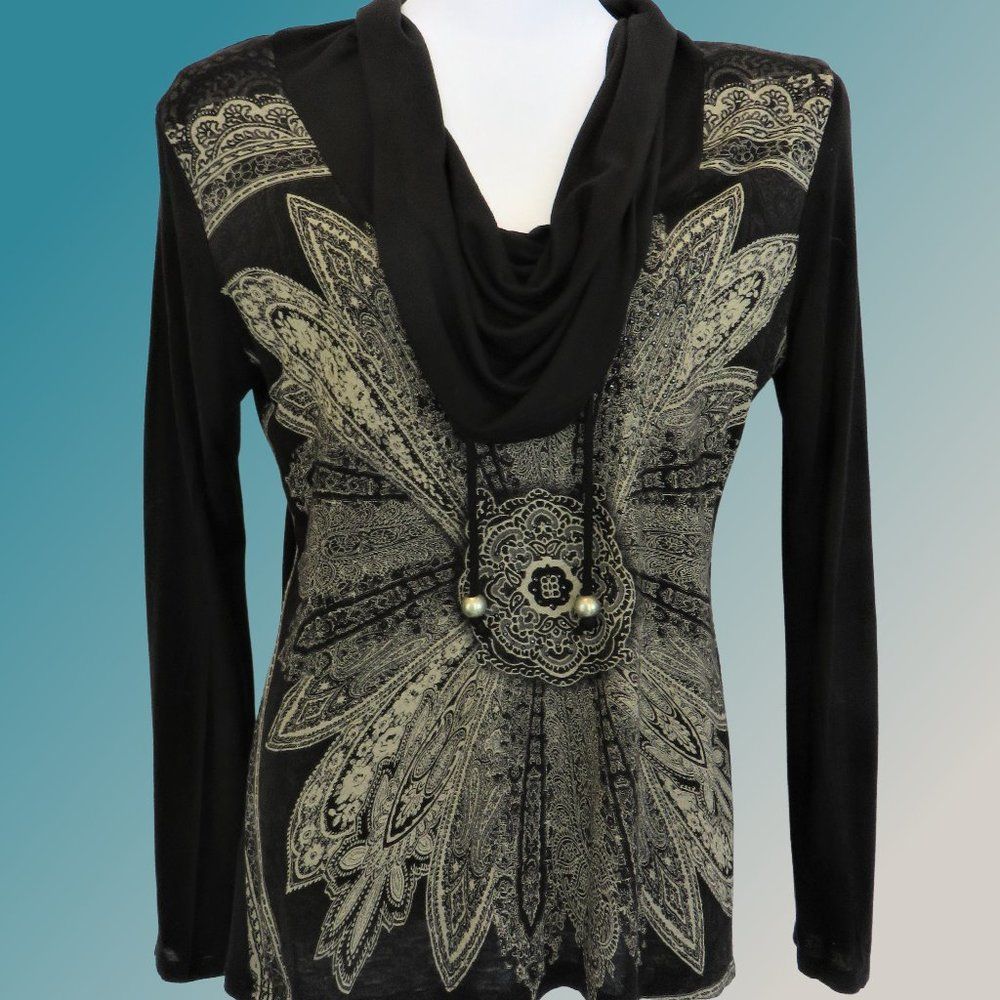 Black Shirt Long Sleeve Knit Cowel Neck with Graphic Gold Design...726